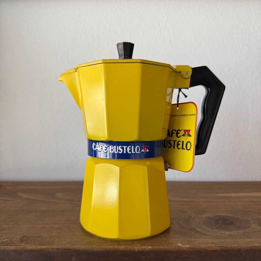 Cafe Bustelo Stovetop Espresso Maker Yellow Aluminum Moka Pot New with Tags